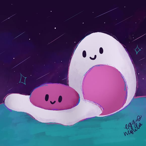 Illustration of two smiling eggs under a starry purple sky &mdash; one whole egg and one fried egg, both with deep pink yolks, resting on a teal surface. Signed &ldquo;egg nebula&rdquo;.