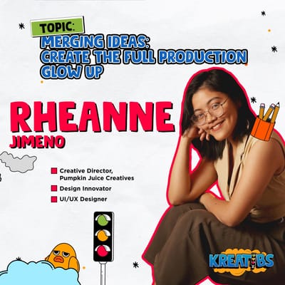 KREATIBS event poster featuring Rheanne seated and smiling, titled &ldquo;Merging Ideas: Create the Full Production Glow Up&rdquo;, listing her as Creative Director at Pumpkin Juice Creatives, Design Innovator and UI/UX Designer.